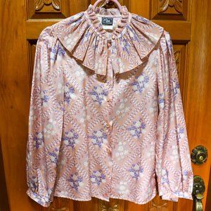 SOLD•Vtg RBK Peach Floral Top Blouse Long-Sleeved Ruffled Pleated Collar Size 10